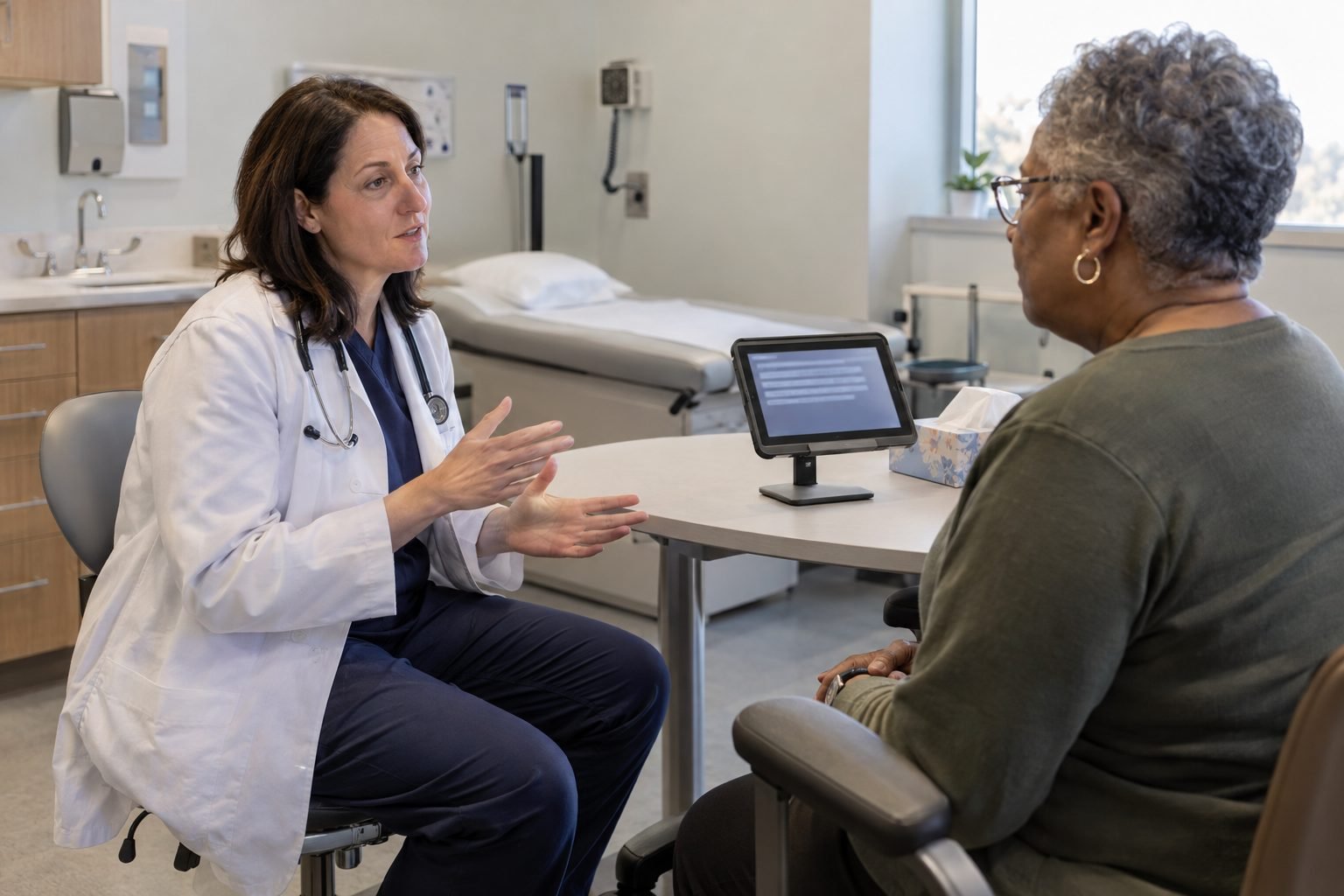 A physician and patient can both see a tablet displaying captions